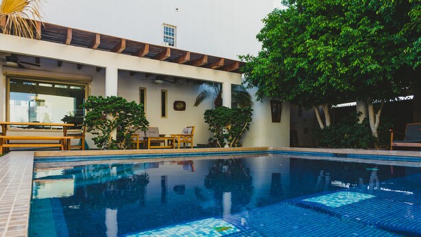 Ein Pool mit Fliesenstufen, einer Holzterrasse und Kübelpflanzen.