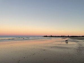 On the beach, sun-loungers