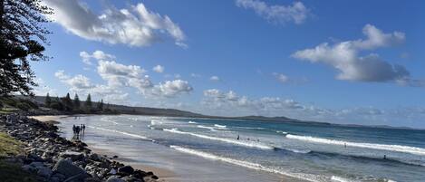 On the beach, sun loungers