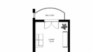 Ein Grundriss mit Wohnzimmer, Küche, Bad und Balkon.