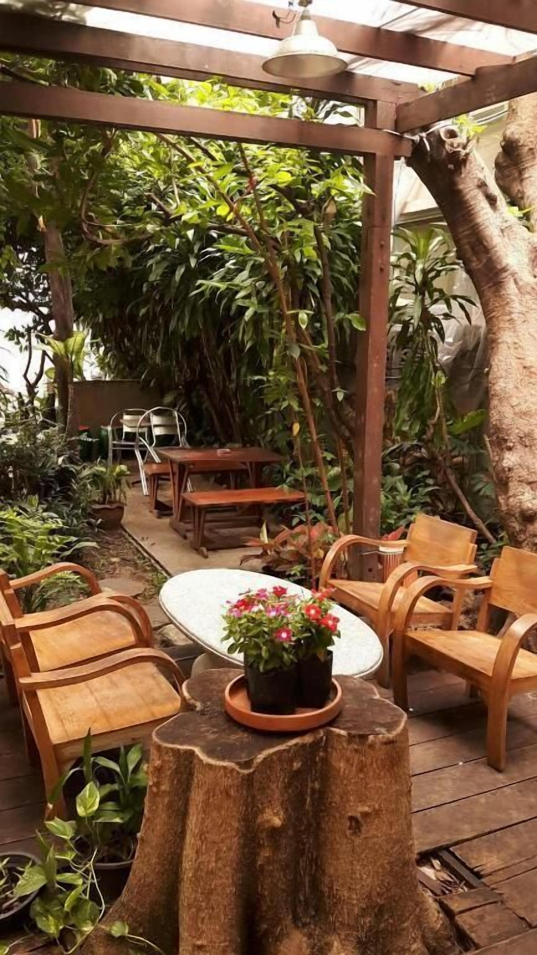 A wooden deck with a table and chairs, surrounded by lush greenery and a pergola.