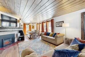 TV, fireplace, books