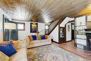 TV, fireplace, books