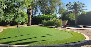 Um campo de golfe bem cuidado com putting green, rodeado por vegetação exuberante e palmeiras.