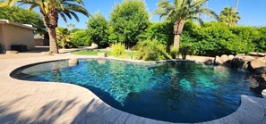 Kaarevareunainen uima-allas, jonka ympärillä on palmuja ja rehevää kasvillisuutta.
