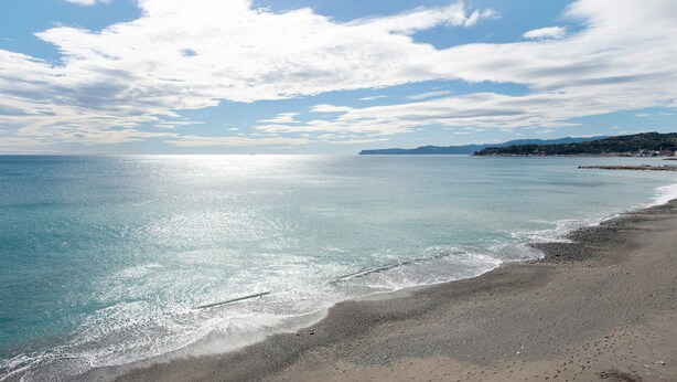 Una playa con cielo despejado y mar tranquilo.