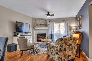 Smart TV, fireplace, DVD player, books