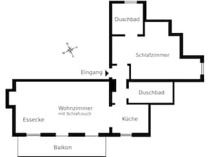 A floor plan with a living room, kitchen, balcony, and two bedrooms.