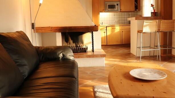 A living room with a leather sofa, a wooden coffee table, and a fireplace. - Wohnung Nr. 5 Sonnenrose 56 qm mit einem Schlafzimmer, zwei Bäder und Südbalkon (Bad Reichenhall)
