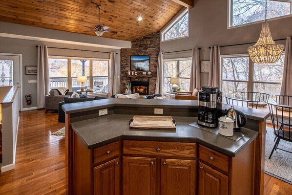 TV, fireplace, foosball, books