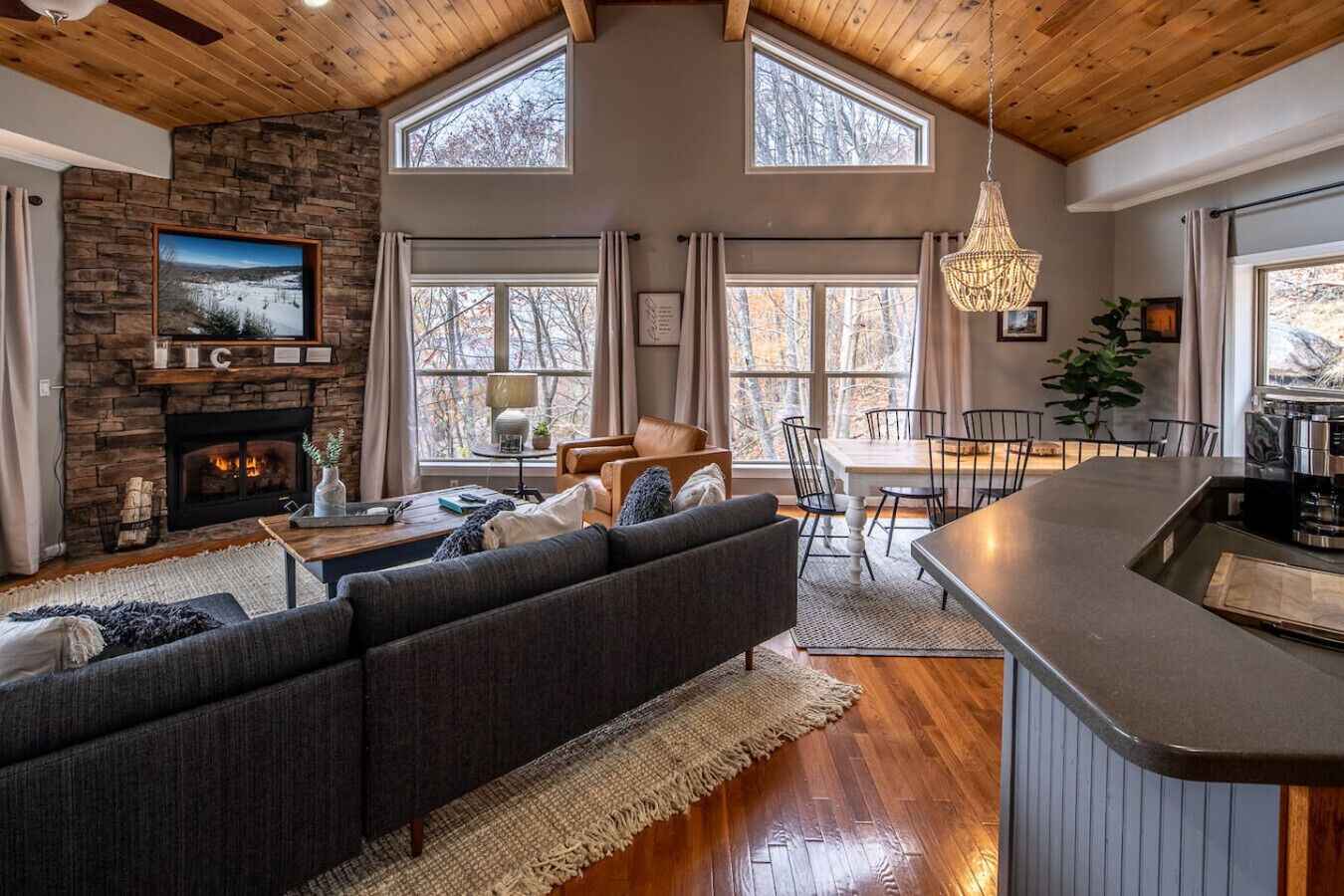 TV, fireplace, foosball, books