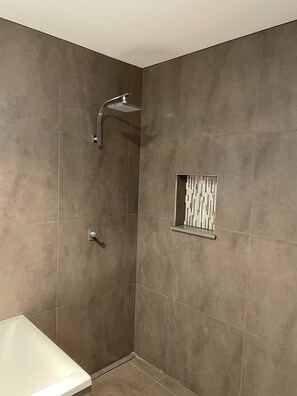 Combined shower/bathtub, towels