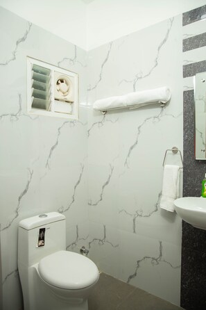 A bathroom with a toilet, a sink, and a mirror. - Hotel Ganesh Palace (Rameshwaram)
