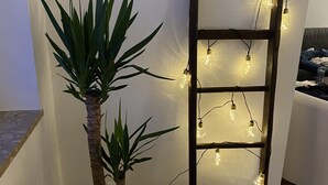 Eine Holzregale mit Lichterkette, einem Topfpflanzen und einer Heizung.