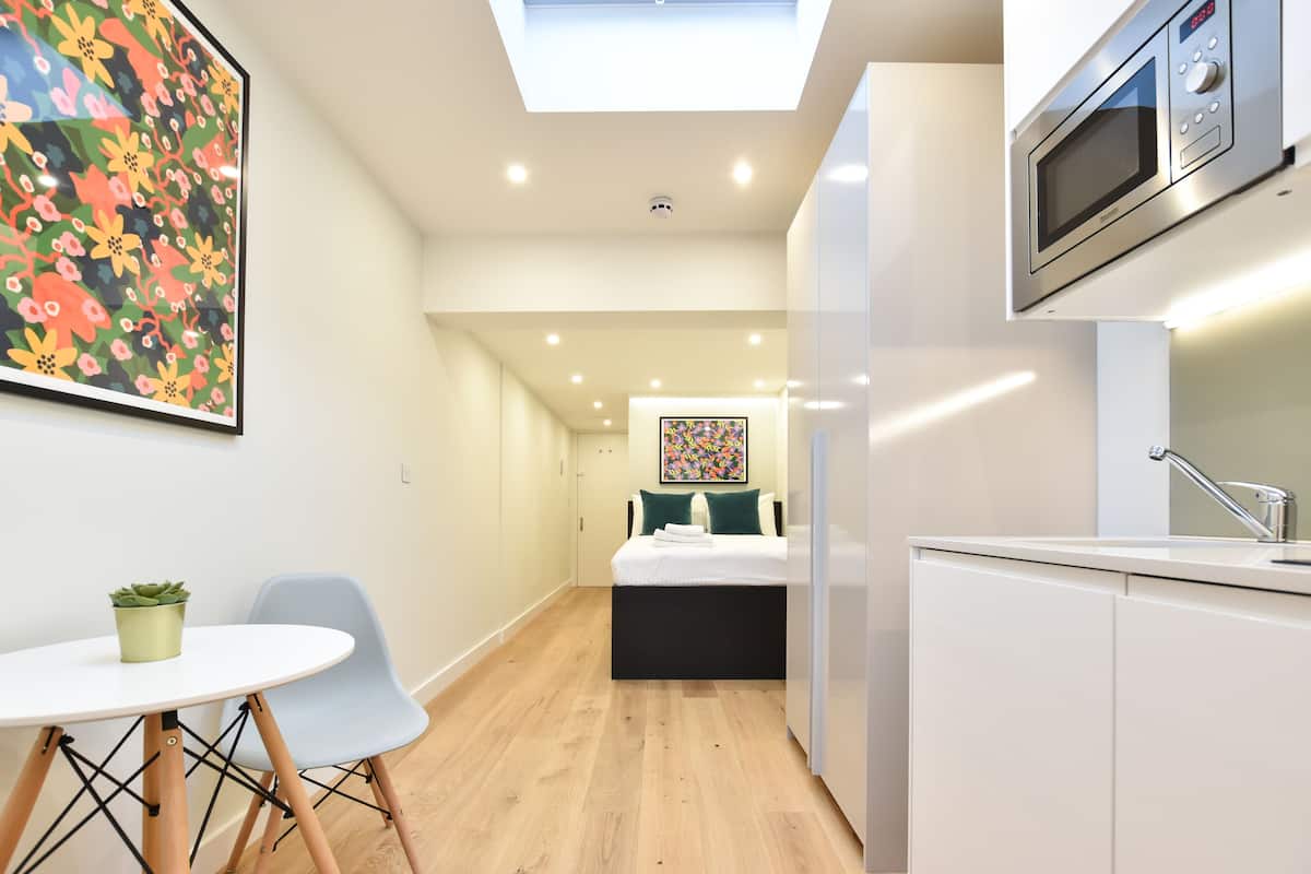 Een moderne hotelkamer met dakraam, kitchenette, bed met groene kussens en een klein tafeltje met een plant.