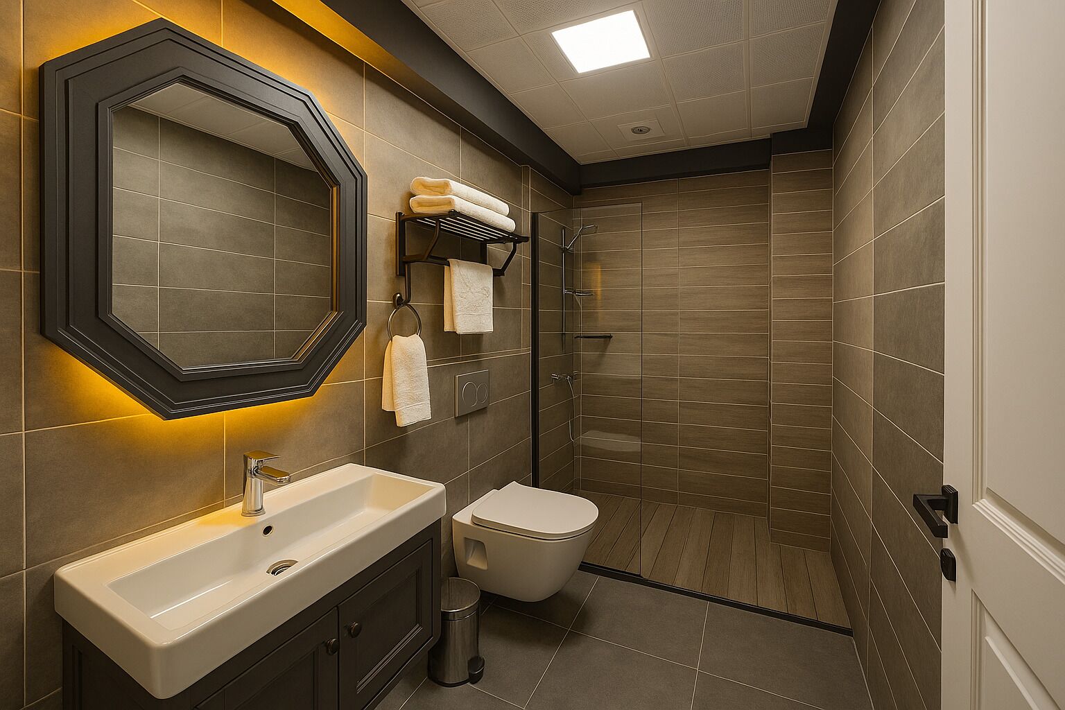 shower, hair dryer, slippers, towels