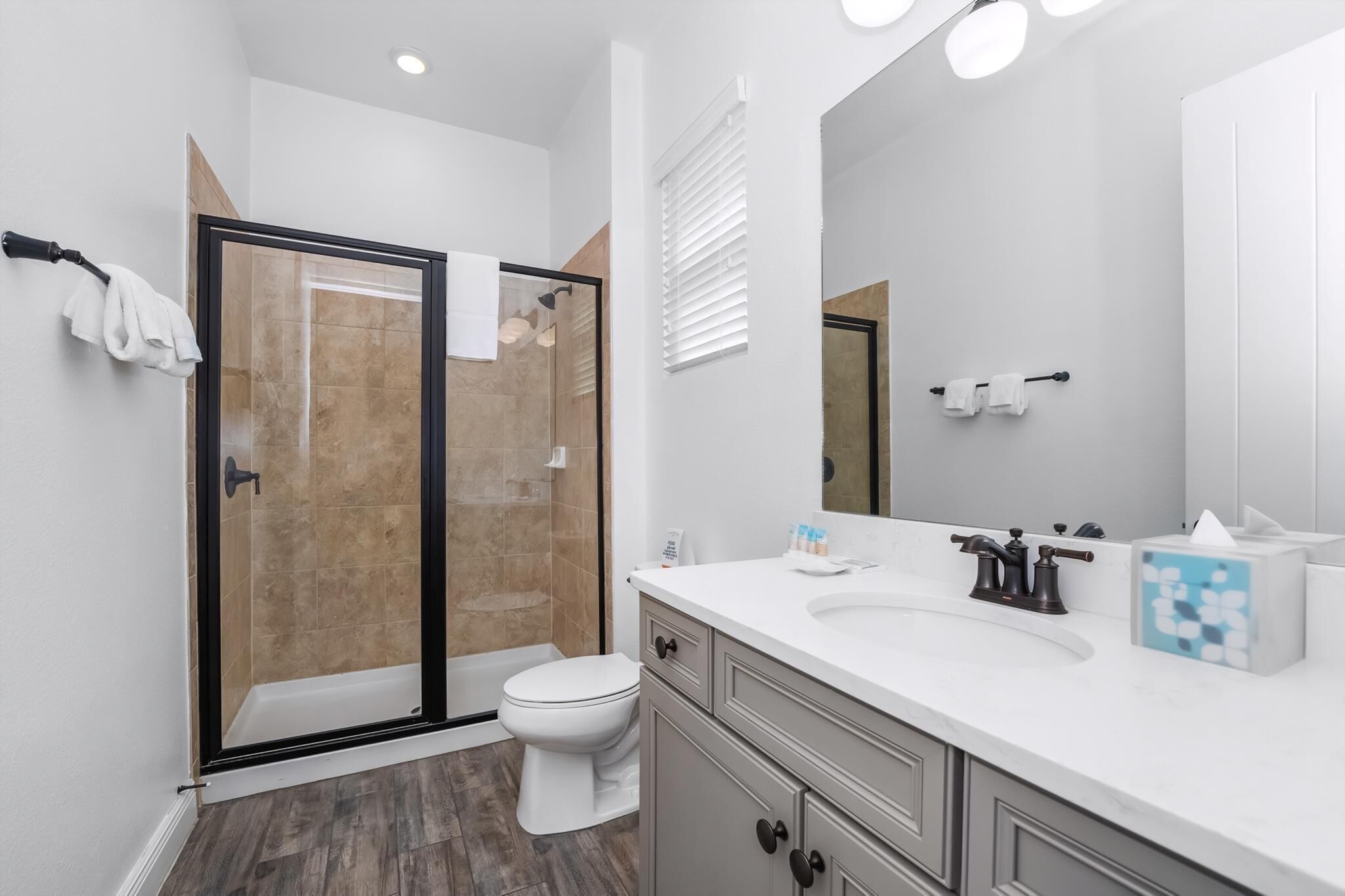 A modern bathroom with a glass shower enclosure, a white toilet, and a vanity with a mirror and sink.
