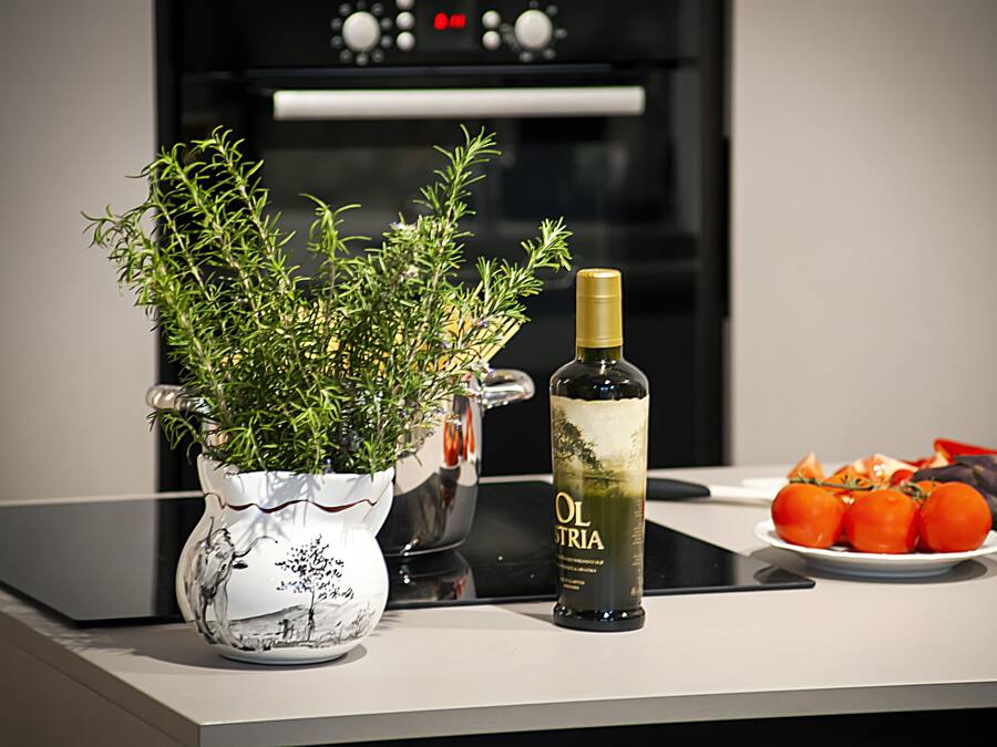 En køkkenbordplade med en potteplante, en flaske olivenolie og en tallerken med tomater og aubergine.