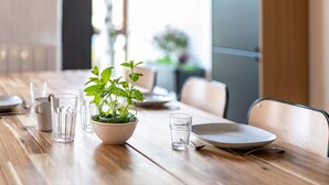 A dining table with a potted plant, clear glasses, and plates. - A little bit of greenery and calm in the middle of the city! The 3rd. (La Roche-sur-Yon)