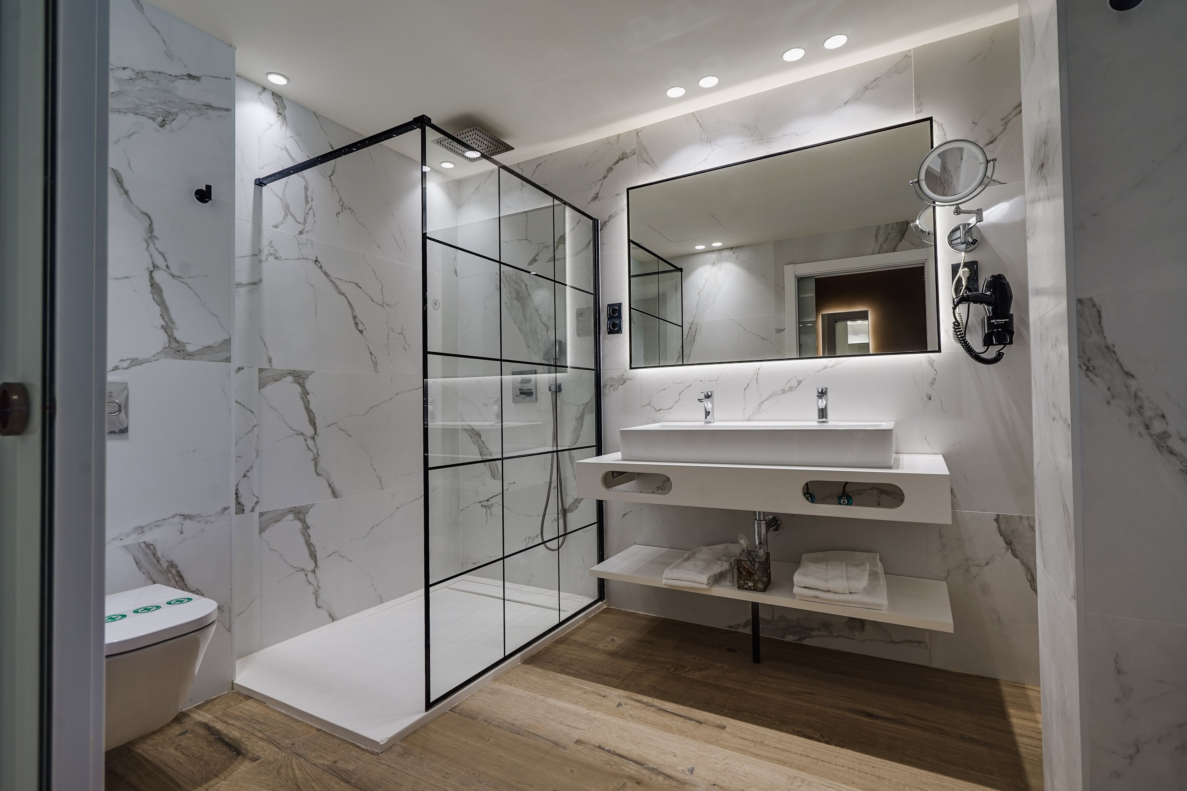 A modern bathroom with a glass shower enclosure, a vanity with a mirror, and a toilet.