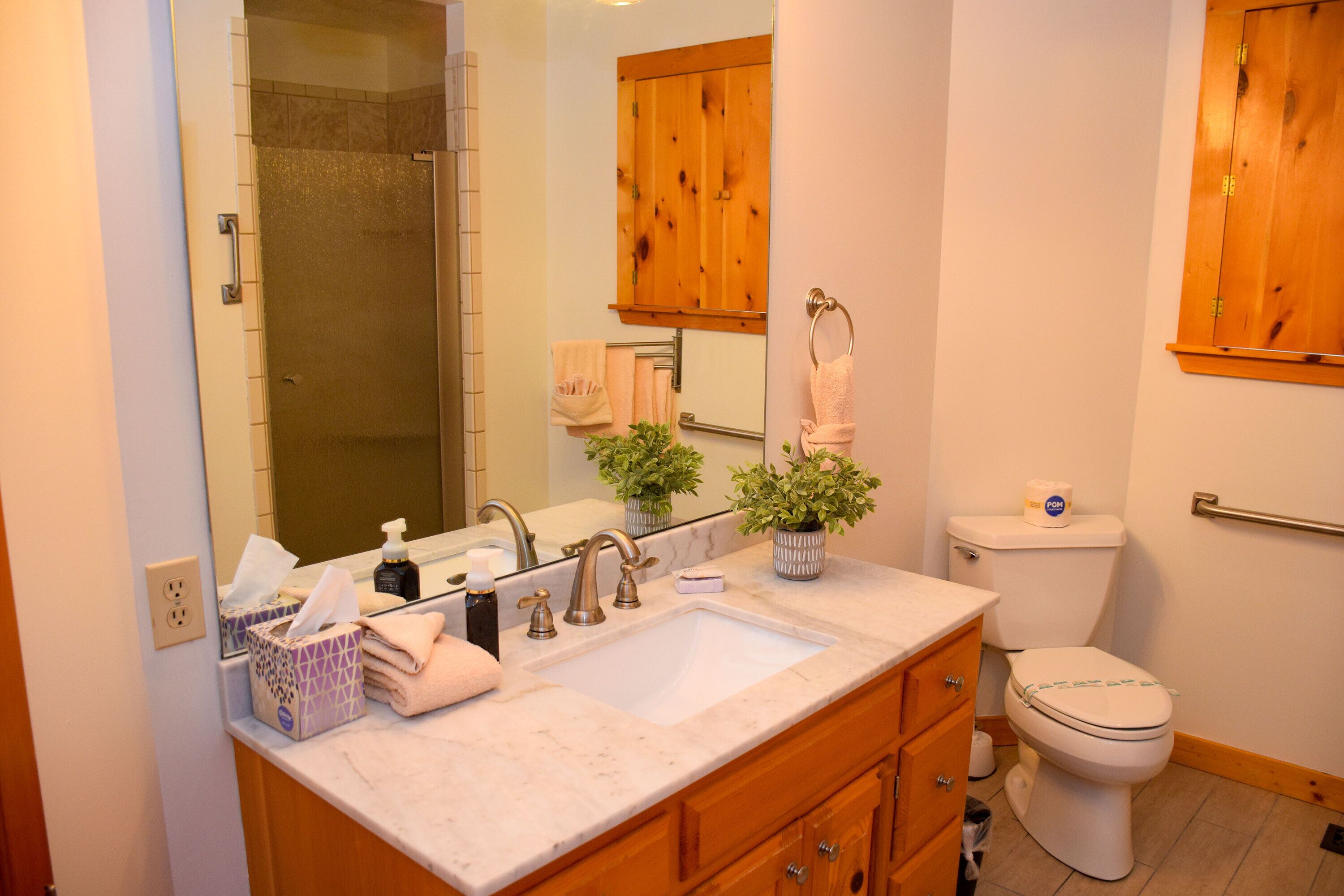 A bathroom with a sink, mirror, wooden cabinets, and a toilet.