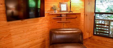 A wooden interior with a leather chair, a framed picture, a lamp, and a TV on the wall.