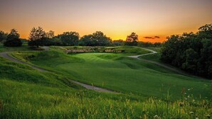 Un campo de golf con un sendero sinuoso, césped verde exuberante y árboles al fondo.