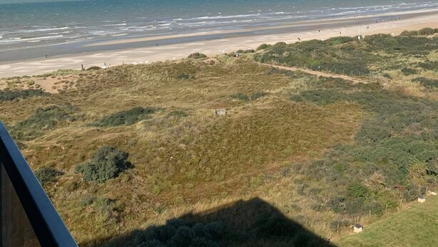 Paisaje costero con playa, zonas de césped y cielo despejado.