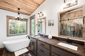 Combined shower/tub, towels - Modern River Retreat - Hot Tub Soaks with River Views, Cozy Fireside Chats & Drinks from the Wet Bar (Blue Ridge)