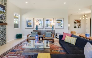 Smart TV, fireplace, books