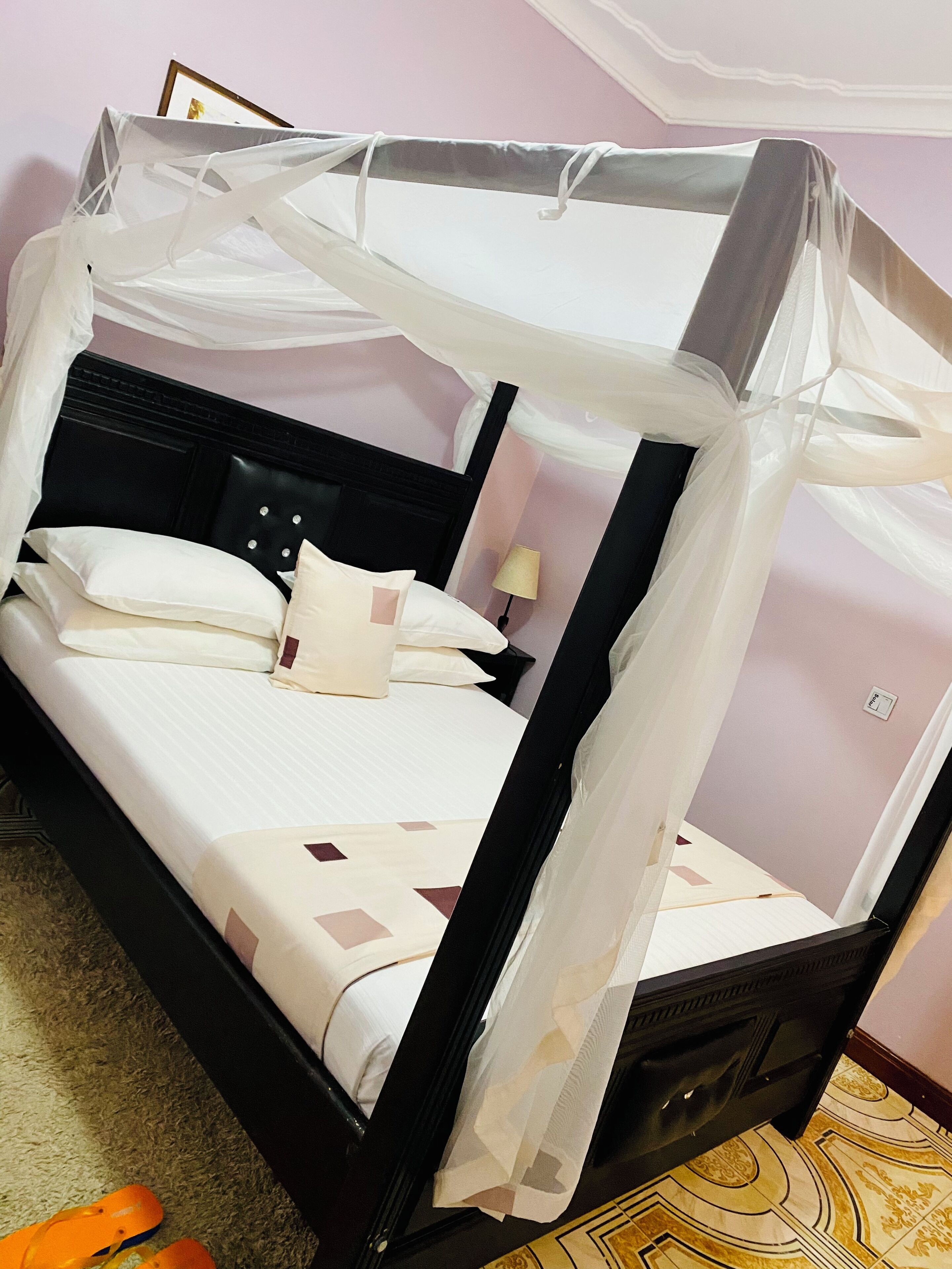 A bed with a canopy, pillows, a bedside lamp, and a carpeted floor.