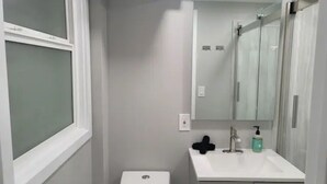 A bathroom with a toilet, sink, and mirror. - A Lovely Modern Retreat for Your Perfect Stay (Hayward)