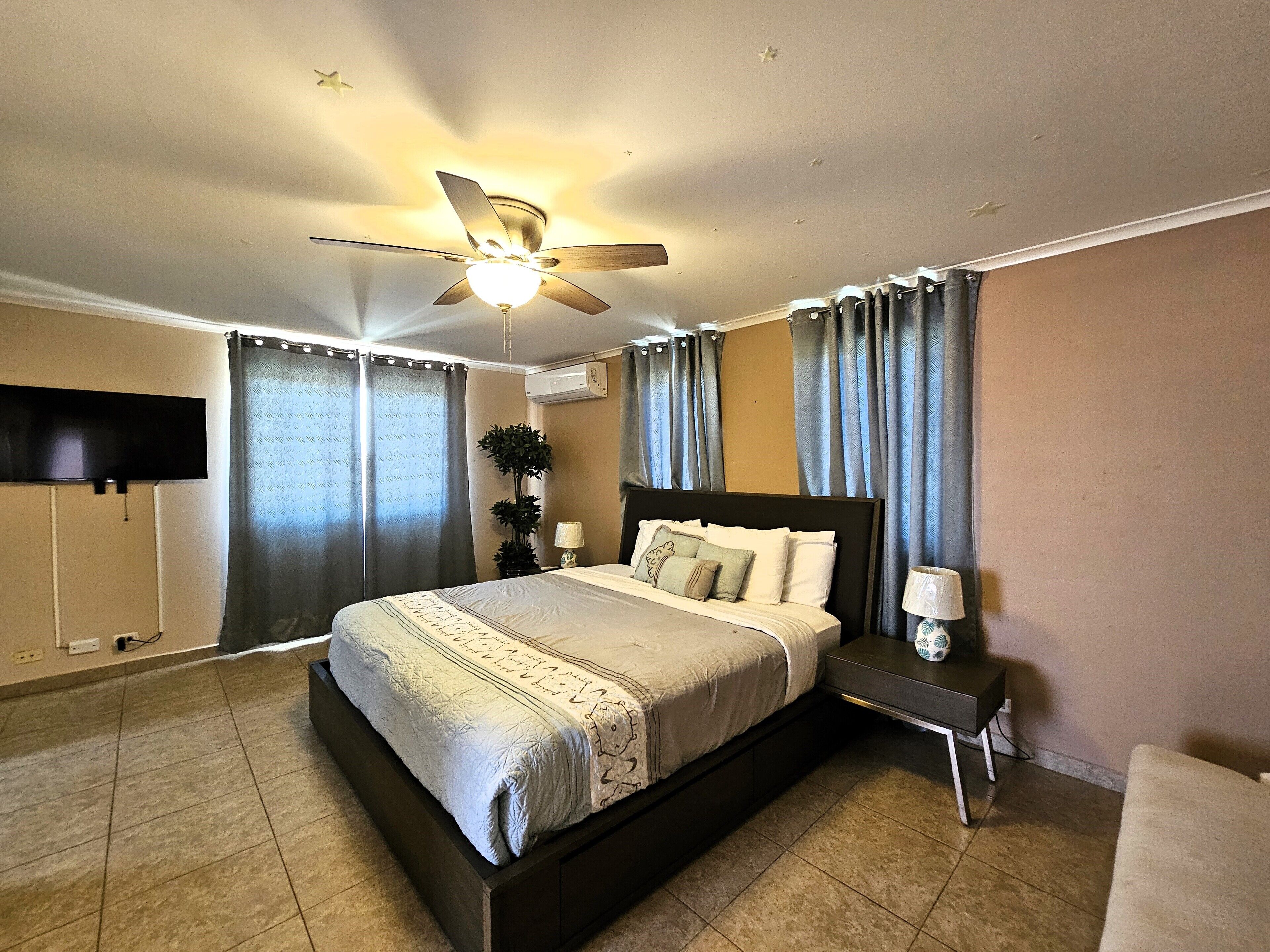 Un dormitorio con una cama, ventilador de techo, televisor, cortinas y una planta.