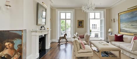 TV, fireplace, video library