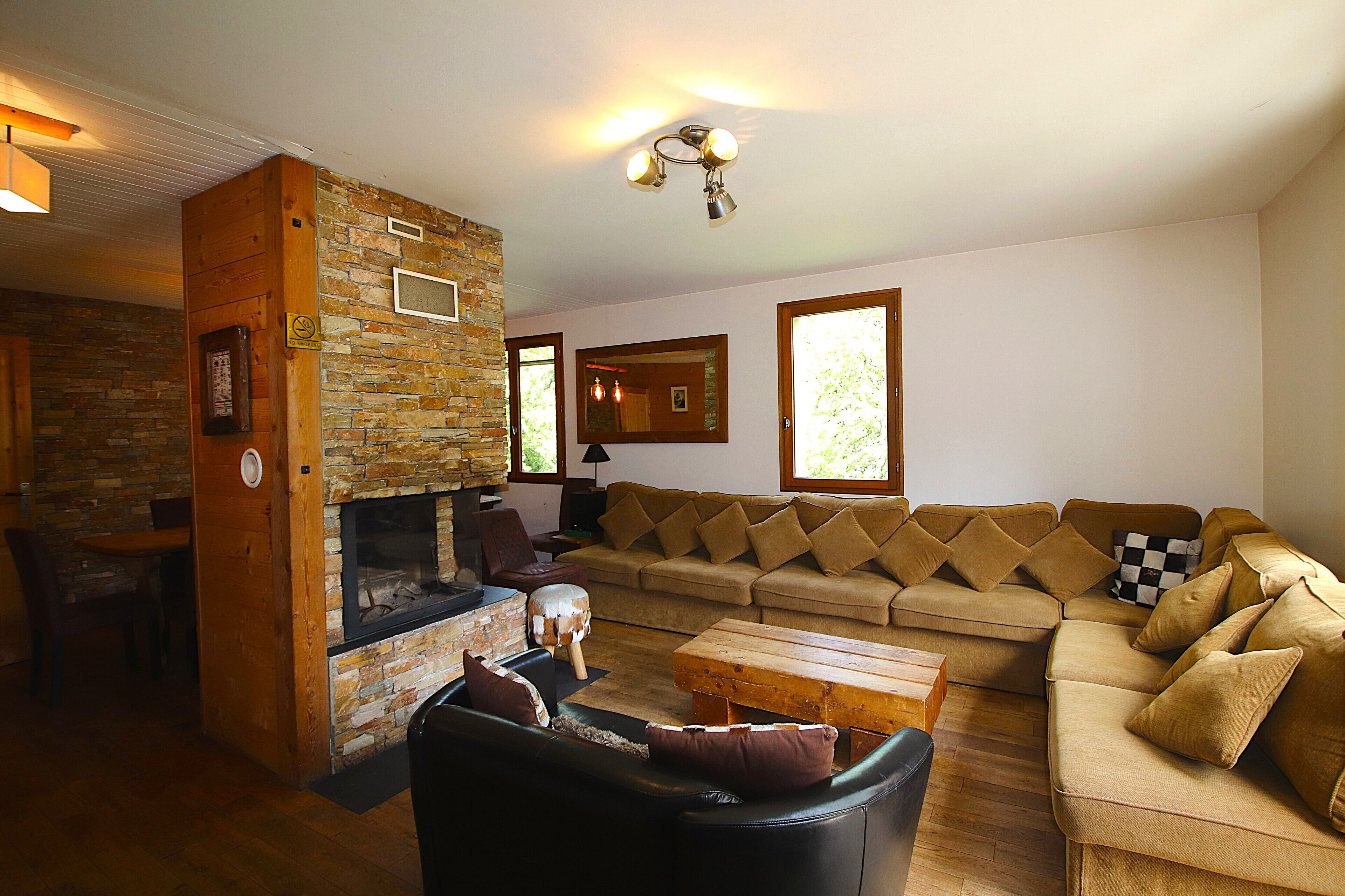 Een televisie, een open haard, een dvd-speler en een filmbibliotheek