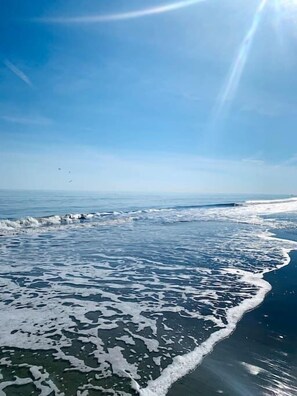 Une plage avec des vagues et un ciel dégagé.