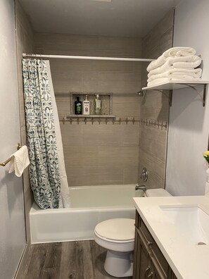 Bathtub, hair dryer, towels, soap
