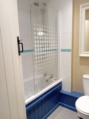A bathroom with a glass-enclosed shower, white tiles, a blue accent wall, and a white toilet. - A charming and spacious cottage in rural St Ives (Cornwall)