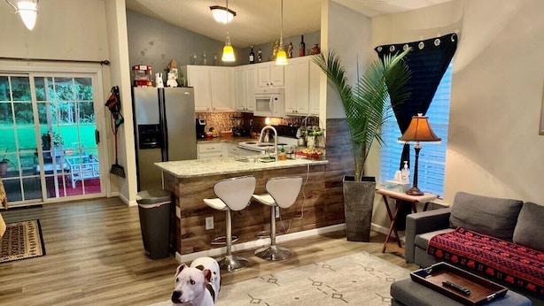 A modern kitchen with white cabinets, a central island, and bar stools. There is a dog in the living area with a patterned rug and a grey sofa.