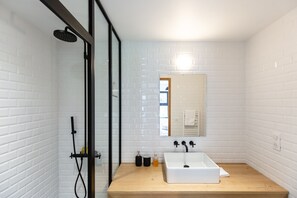 Shower, hair dryer, towels