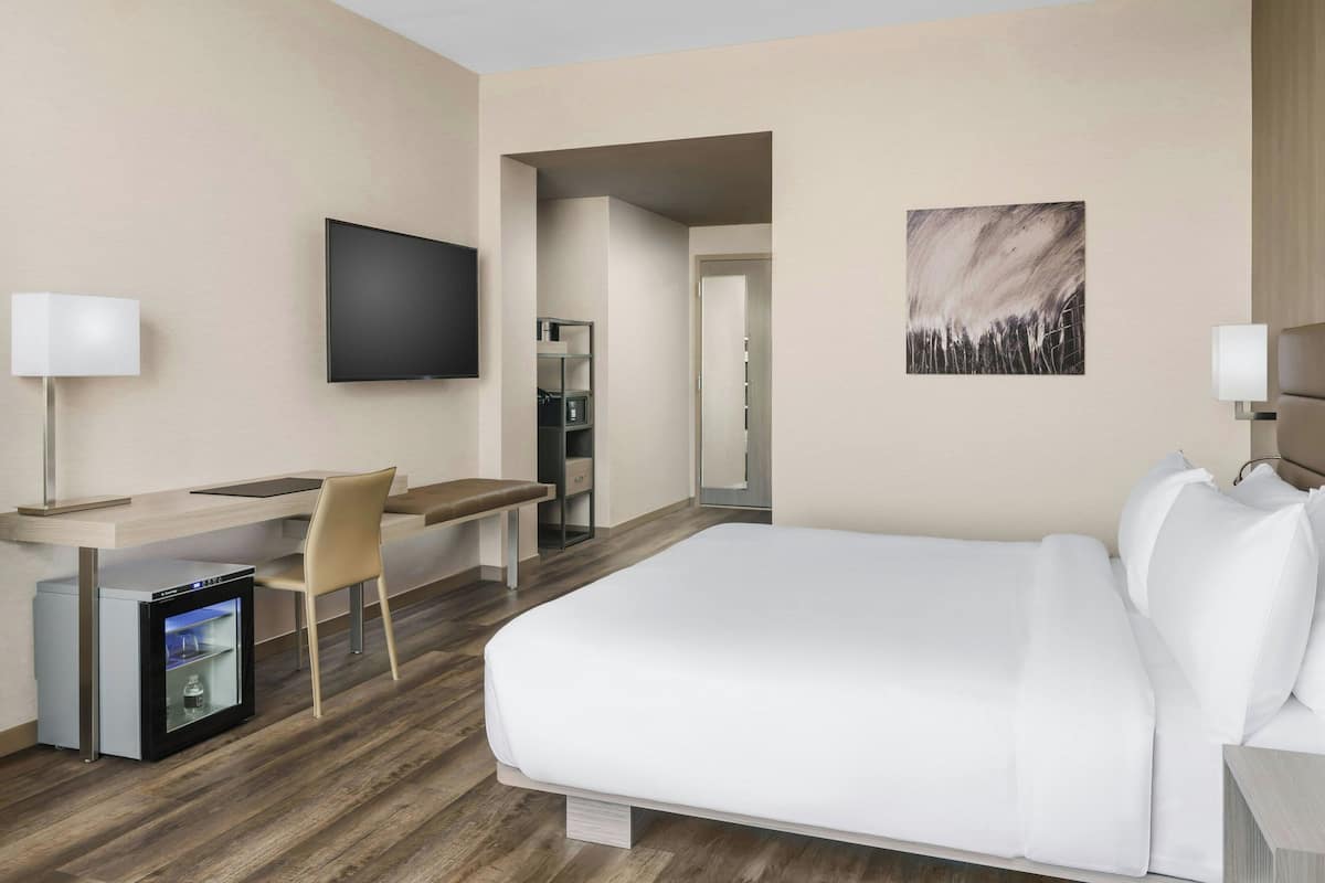Een hotelkamer met een bed, bureau, stoel, televisie en een minibar.