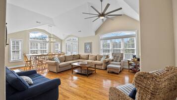 Smart TV, fireplace, video library