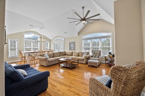 Smart TV, fireplace, video library