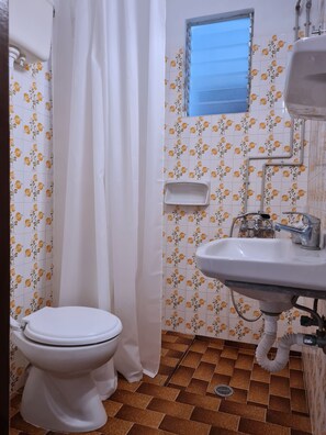 A bathroom with a toilet, a sink, and a shower curtain. - Cosy 1-bed Studio in Andros (Andros)