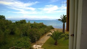 A view from a balcony overlooking a coastal landscape with a clear sky, a palm tree, and a path leading to the sea. - Apartment with excellent sea view beside the beach (Lefkimmi)