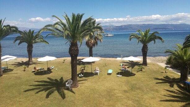 A beach with palm trees, sun loungers, and umbrellas. - Apartment with excellent sea view beside the beach (Lefkimmi)