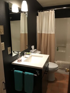 Combined shower/tub, hair dryer, towels, soap
