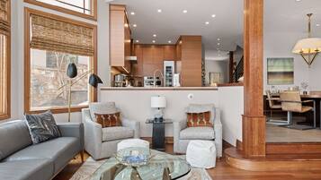 Smart TV, fireplace, music library, video library