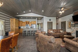 Smart TV, fireplace, foosball