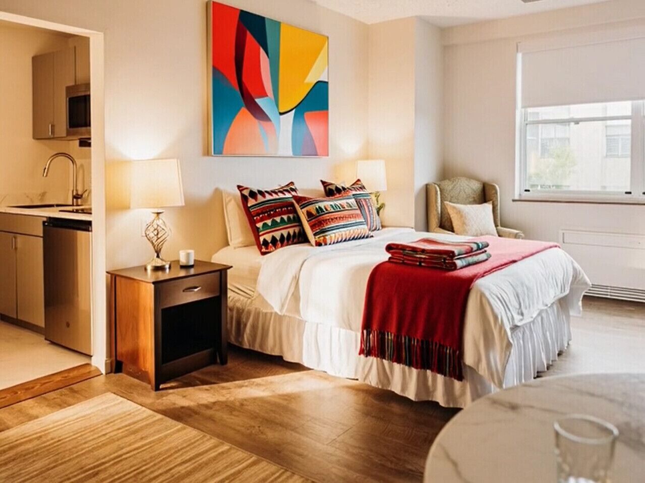 1 bedroom, desk, iron/ironing board, travel crib